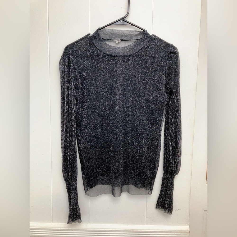 Sheer Black Glitter Long Sleeve mesh Top with Ruffle Cuffs